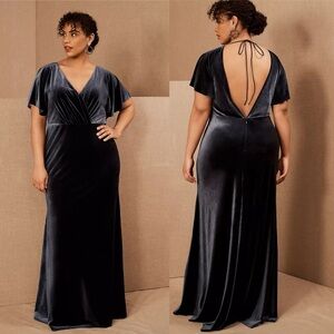BHLDN Jenny Yoo Ellis blue flutter sleeve velvet maxi dress size 14 bridesmaid